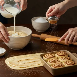 A hand pouring warm milk and yeast into a ceramic bowl with tangzhong.