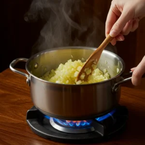 Cooking softened yellow onions in a pot over a flame.