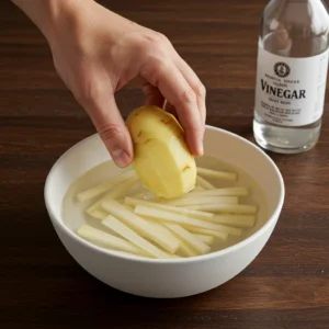Soaking potato sticks in vinegar water for crispier fries