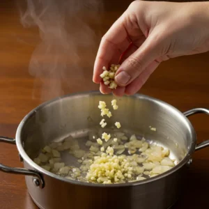 Adding minced garlic to the cooked onions in the pot.