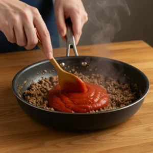 Stirring tomato paste into the browned ground beef.