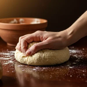 A hand kneading a smooth ball of cinnamon roll dough on a dark wood surface.