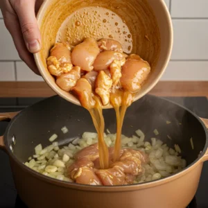 Pouring marinated chicken from a bowl into the hot pot.