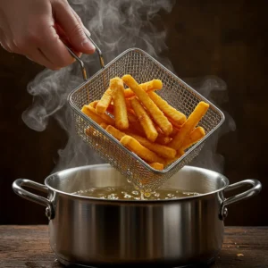 First fry of potato sticks in hot oil at 325°F