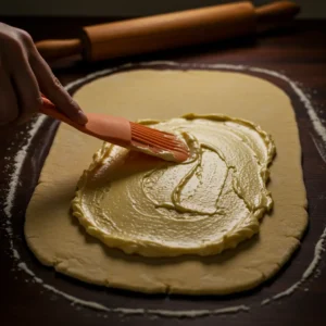 A hand spreading soft butter on a rolled-out rectangle of dough.