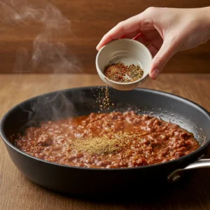 Sprinkling the spice blend over the savory beef base.