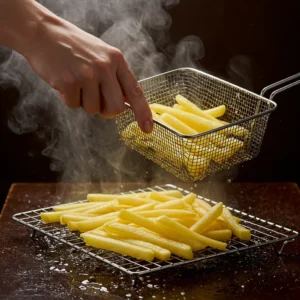 Draining blanched fries on a wire rack after first fry