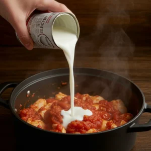 Pouring coconut milk into the pot with chicken and tomatoes.