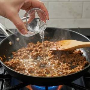 Adding water to the spiced beef to create a light sauce.