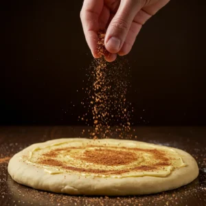 A hand sprinkling a cinnamon and brown sugar mixture over buttered dough.