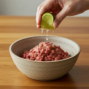 Squeezing fresh lime juice over the finished beef filling.