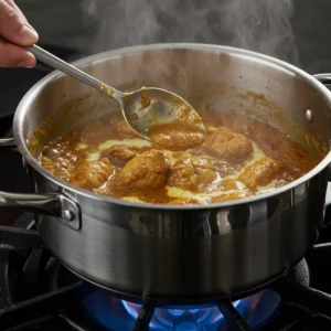 The finished Indian chicken curry simmering in a pot, steaming.