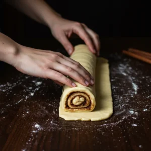 A hand carefully rolling the cinnamon-filled dough into a tight log.