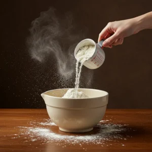 Pouring flour into a ceramic mixing bowl to combine dry ingredients.