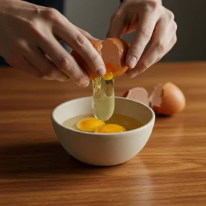A hand cracking a fresh egg into a ceramic bowl.