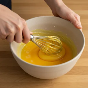 Human hands whisking eggs and condensed milk vigorously in a ceramic bowl