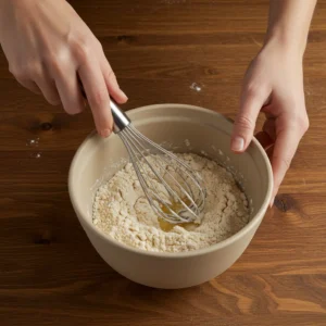 Creating a well in the center of the dry ingredients with a whisk.