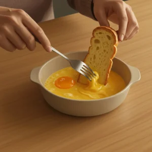 Human hands dipping brioche bread into egg mixture for French toast