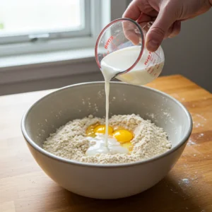 Pouring milk into the well of dry ingredients to make pancake batter.