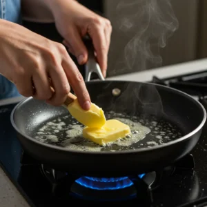 Human hands melting butter in a skillet for cooking French toast