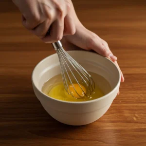 A hand vigorously whisking eggs and water in a ceramic bowl.