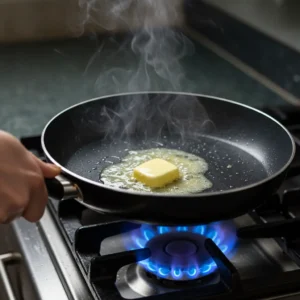 A hand melting butter in a non-stick pan on a stove.