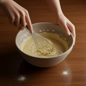 Stirring the pancake batter to a lumpy consistency in a ceramic bowl.