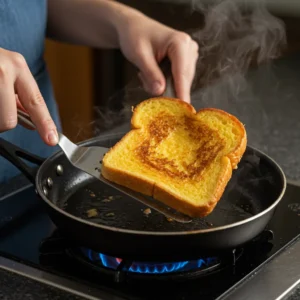Human hands flipping golden brown French toast in a skillet