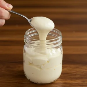 Spooning the vanilla whip into the bottom of a glass jar