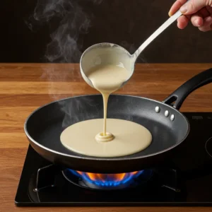 Pouring a circle of pancake batter onto a hot, sizzling pan.