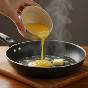 A hand pouring the egg mixture from a bowl into a buttered pan