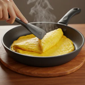 A hand folding the cooked omelette in half with a spatula.