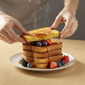 Human hands serving finished French toast with berries and syrup