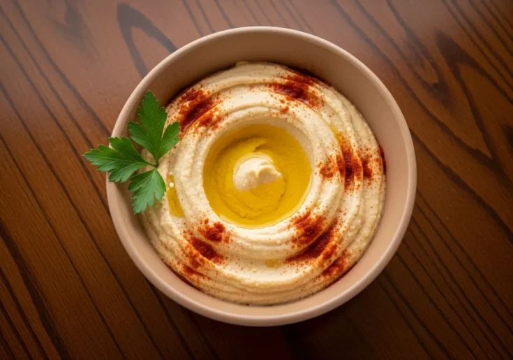 Perfectly smooth hummus in a ceramic bowl with a swirl of olive oil and paprika on a dark wood table.