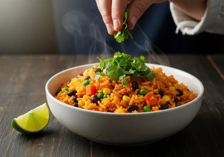 A close-up of a steaming bowl of Mexican rice and beans with cilantro and lime.