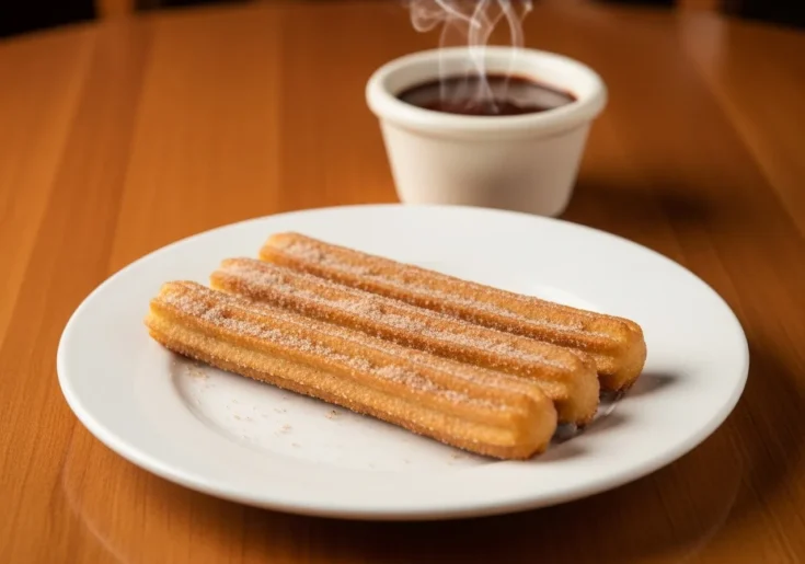 Three golden brown churros on a white plate, dusted with cinnamon-sugar, ready to eat.