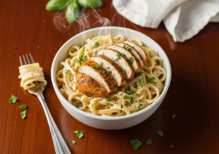 The finished creamy Chicken Alfredo pasta in a bowl, ready to serve.