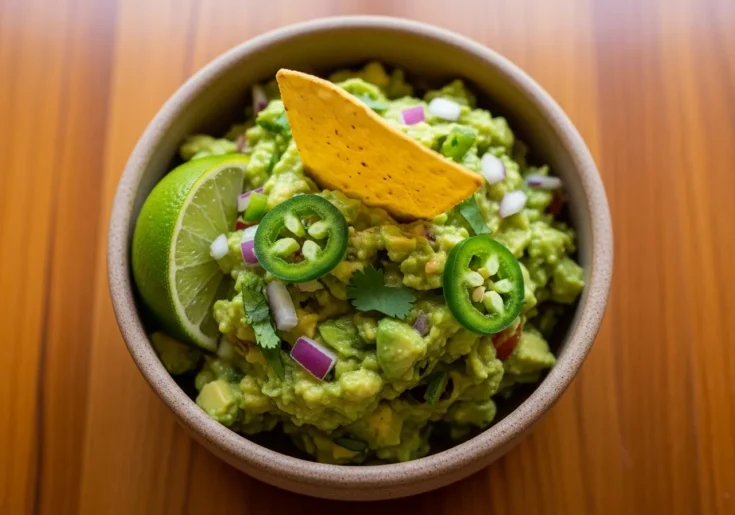 The final, perfectly textured guacamole in a ceramic bowl, ready to eat.