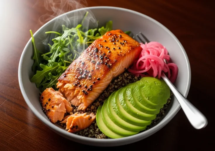 The ultimate 25-minute salmon bowl, perfectly cooked and assembled with salmon, avocado, pickled onions, and arugula.
