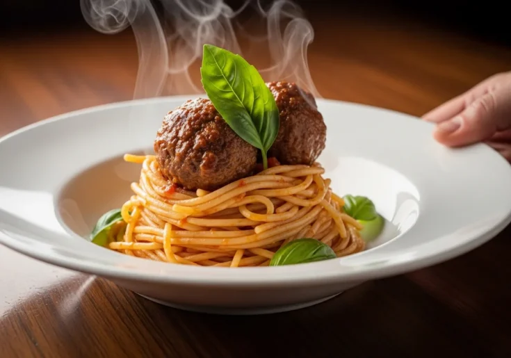 The final plated dish of easy spaghetti and meatballs for kids in a white ceramic bowl.