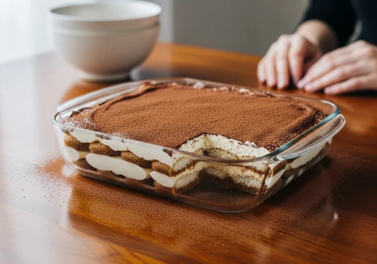 The finished tiramisu in a glass baking dish ready to serve, dusted with cocoa powder.