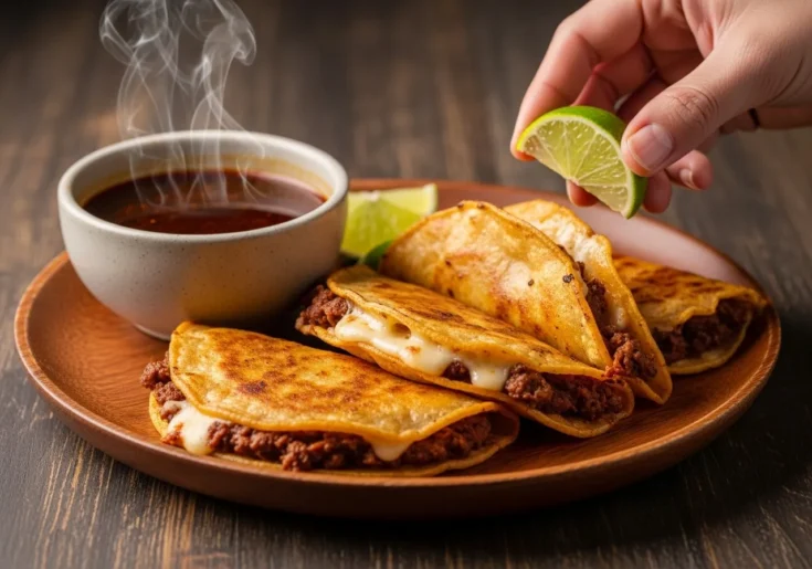 The final plated birria tacos with consomé, showing three crispy tacos and a bowl of dipping broth.