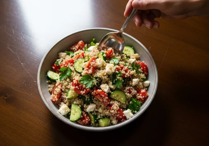 The ultimate lemon herb quinoa salad served in a ceramic bowl, ready to eat.
