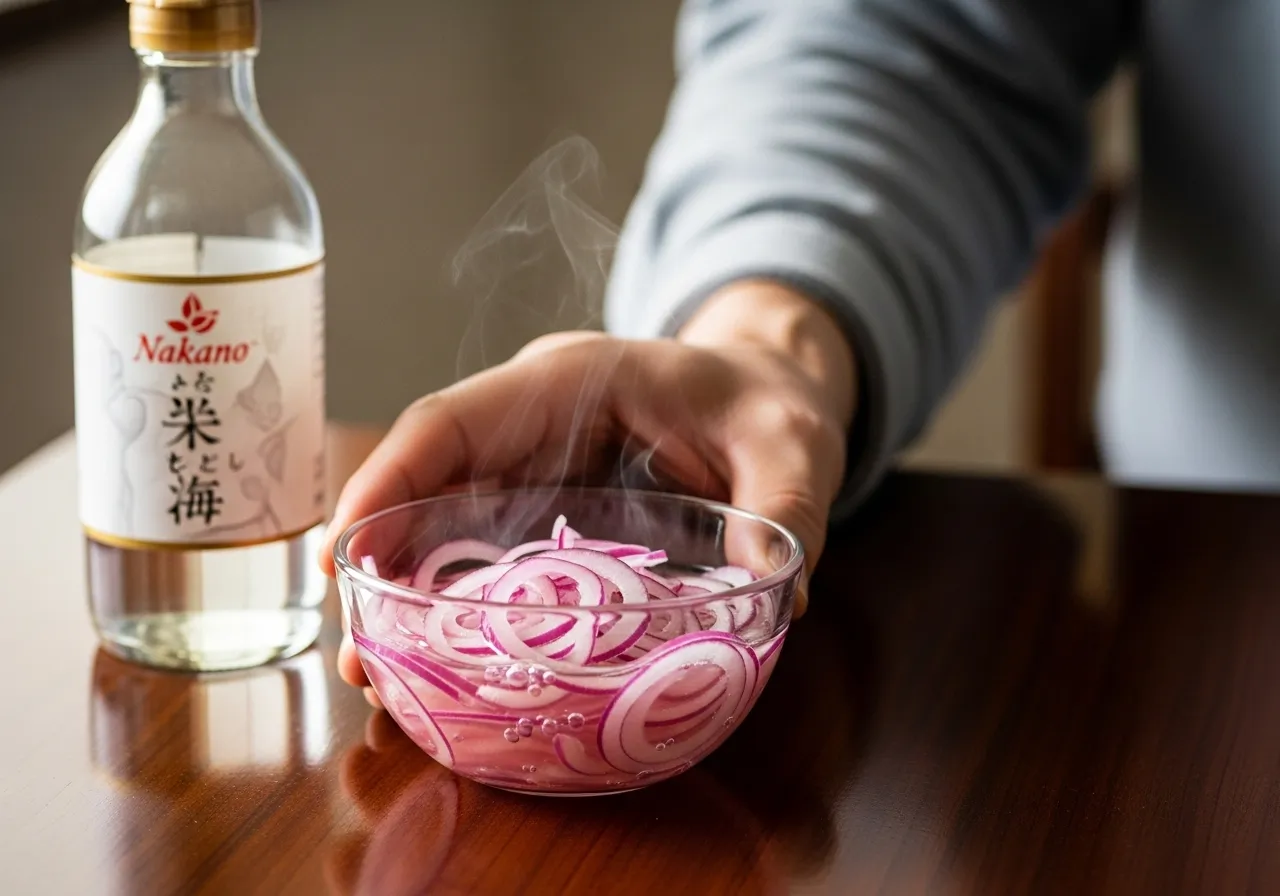 Step 1: Preparing the quick-pickled onions in a glass bowl for the salmon bowl.