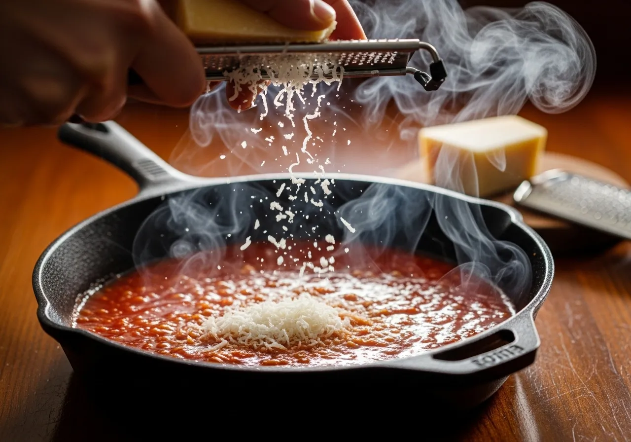 Adding fresh grated parmesan cheese to the warm sauce in a skillet.