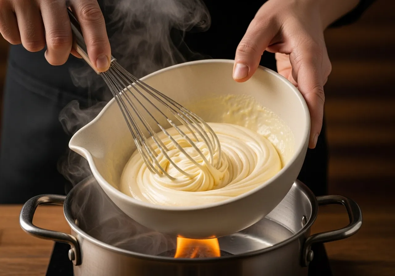 Cooking the egg yolk and sugar zabaglione mixture over a double boiler.