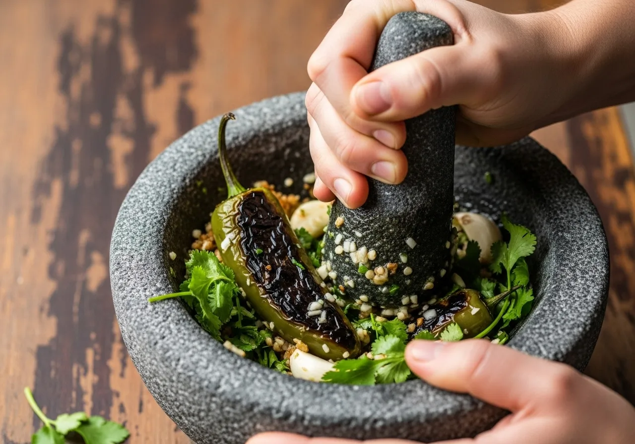 Making the flavor paste by mashing charred jalapeño and garlic in a mortar.