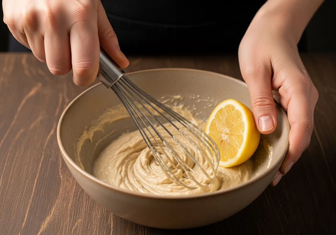 Hands whisking tahini and lemon juice together in a ceramic bowl until creamy and pale.