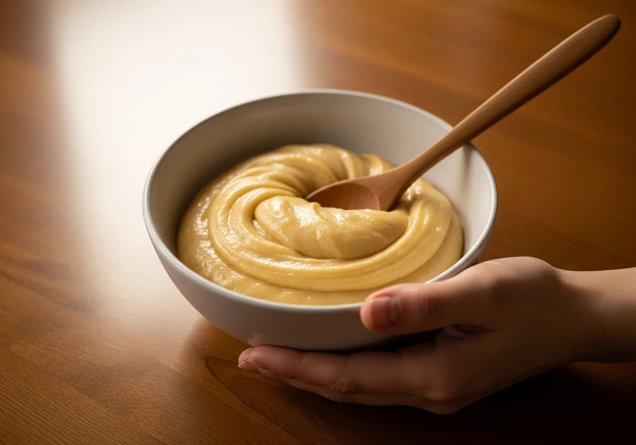A smooth and glossy finished churro dough ready for piping.