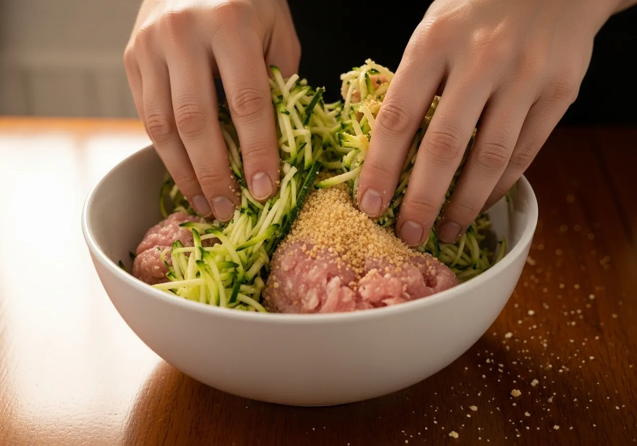 Mixing ground chicken, zucchini, and breadcrumbs in a bowl for tender meatballs.